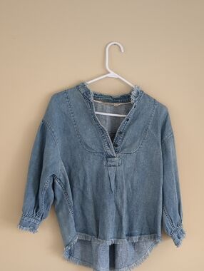 Small Holding Horses Raw Hem Denim Shirt Cotton Linen Blend Top